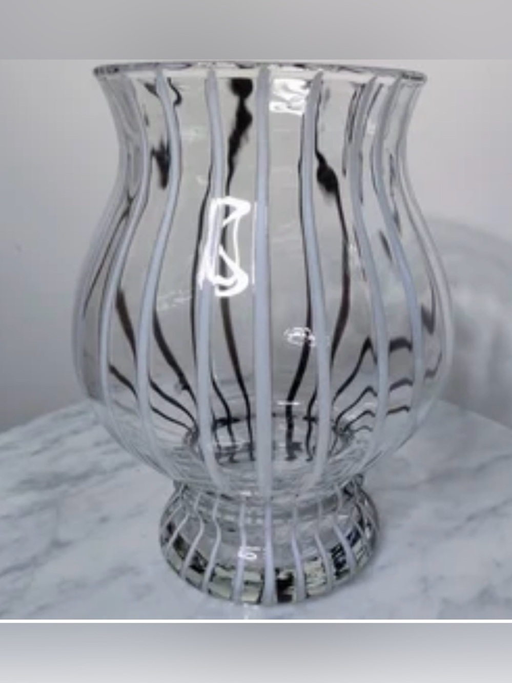Vintage Murano Art Glass Vase Black White Vertical Stripe Transparent